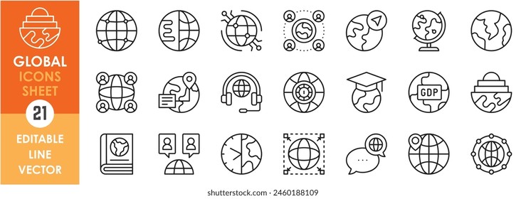 A set of linear icons with global related symbols. World, earth, global, networking, internet and so on. Outline icons set.