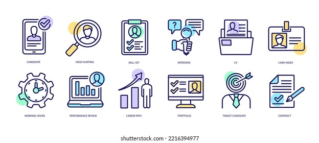 Set of linear icons with Head hunting concept in purple, yellow on blue colors. Icons represent the search for new people, the selection of candidates, professional development. Vector illustration.
