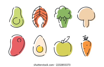 Set of linear icons of healthy food. Modern icons of proper nutrition. Vector illustration. Collection of linear avocado, salmon, steak, apple, egg, carrot.