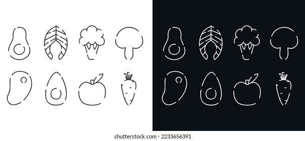Set of linear icons of healthy food. Modern icons of proper nutrition. Vector illustration. Collection of linear avocado, salmon, steak, apple, egg, carrot.