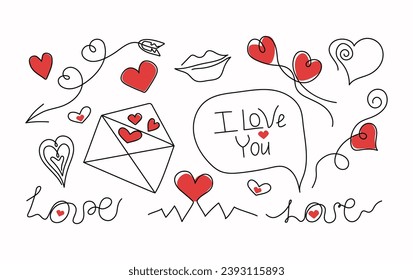 Set of linear icons, hearts, decorative elements, and inscriptions. Envelope with a heart. Love letter, postcard design. Festive decor for Valentine's Day. Vector illustration. Isolated background.	