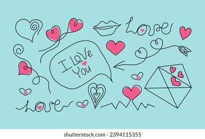 Conjunto de iconos lineales, corazones, elementos decorativos e inscripciones. Sobre con corazón. Carta de amor, diseño de postal. Decoración festiva para el día de San Valentín. Ilustración vectorial. Fondo aislado.	