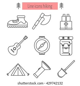 Set of linear icons. Linear icons hiking ax, binoculars, tents, guitar, backpack, flashlight, 
boots. Illustration of equipment for hiking. 