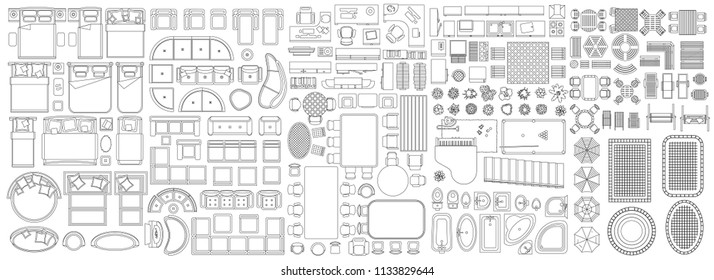Set of linear icons. Interior top view. Isolated Vector Illustration. Furniture and elements for living room, bedroom, kitchen, bathroom. Floor plan (view from above). Furniture store. - Shutterstock ID 1133829644