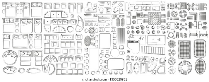 Conjunto de iconos lineales. Vista superior interior. Ilustración de vectores aislados. Muebles y elementos para salón, dormitorio, cocina, baño. Plano de planta (vista desde arriba). Tienda de muebles.