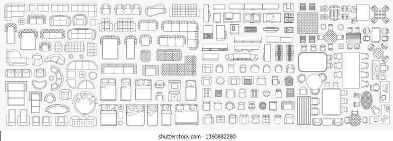 Set of linear icons. Interior top view. Isolated Vector Illustration. Furniture and elements for living room, bedroom, kitchen, bathroom. Floor plan (view from above). Furniture store. - Shutterstock ID 1360882280