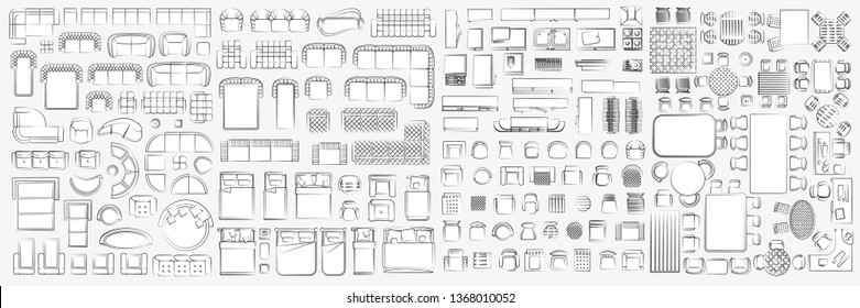 Set of linear icons. Interior top view. Isolated Vector Illustration. Furniture and elements for living room, bedroom, kitchen, bathroom. Floor plan (view from above). Furniture store.