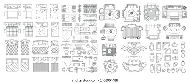 Set of linear icons. Interior top view. Isolated Vector Illustration. Furniture and elements for living room, bedroom, bathroom. Floor plan (view from above). Furniture store.