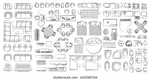 Conjunto de iconos lineales. Vista superior interior. Ilustración de vectores aislados. Muebles y elementos para salón, dormitorio, cocina, baño. Plano de planta (vista desde arriba).  Tienda de muebles.