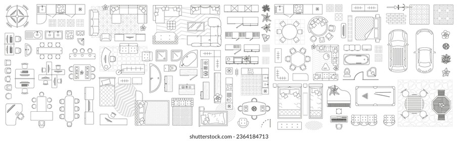 Set of linear icons. Interior top view. Vector Illustration. Floor plan icons set for design interior and architectural project