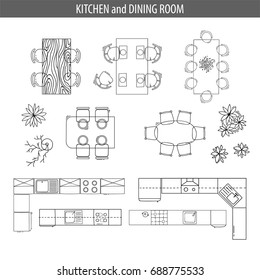 Set of linear icons for Interior top view plans