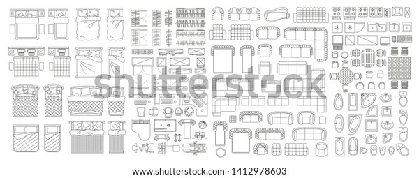 線形アイコンのセット 内部平面図 分離型ベクターイラスト リビング 寝室 浴室 キッチンの家具とエレメント 平面図 上からのビュー 家具屋 のベクター画像素材 ロイヤリティフリー 1412978603