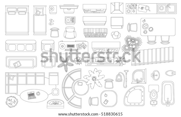線形アイコンのセット 内部平面図 分離型ベクターイラスト リビングルーム 寝室 キッチン 浴室用の家具とエレメント 平面図 上からのビュー 家具屋 のベクター画像素材 ロイヤリティフリー