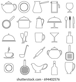 Set of linear icons with kitchen utensils, vector illustration. Black contour on white background.