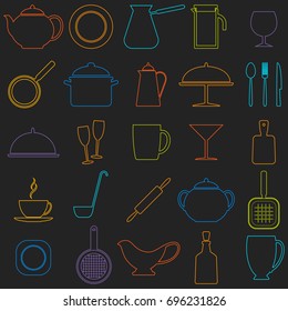 Set of linear icons of kitchen ware. Vector illustration. Bright neon colored contours on a dark background.