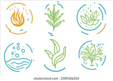 Set of linear icons with leaves, plants, fire and water.
