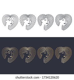 Set of  linear Icons for makeup, beauty, fashion and hairstyle. Beautiful woman's faces with loose straight, wavy, curly, kinky hair on a head into the shape of a heart. Vector illustration.