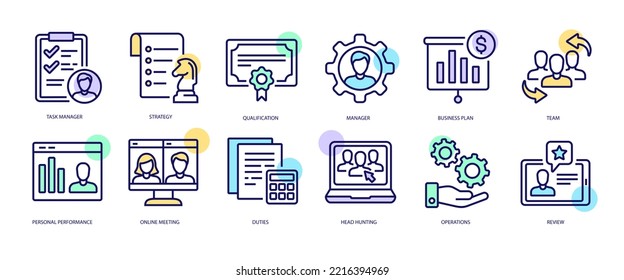 Set of linear icons with Manager concept in purple, yellow on blue colors. Attributes of a good manager and everything he needs are depicted. Vector illustration.
