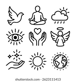 Set linear icons of meditation and yoga. Love and enlightenment.