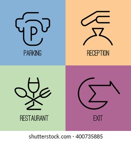 Set of linear icons in a modern flat style. Hotel service. A set of four isolated pictograms on a bright background.