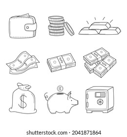 A set of linear icons with money, coins, bills, bundles of banknotes, a piggy bank, cash, a wallet. Business, bank, money symbols. Hand-drawn black and white vector illustration. Isolated on white