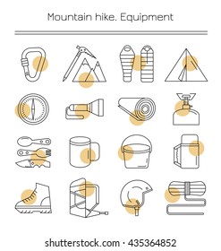 Set of linear icons. Mountain hike. Equipment.Accessories for camping.