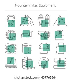 Set of linear icons. Mountain hike. Equipment.Accessories for camping.