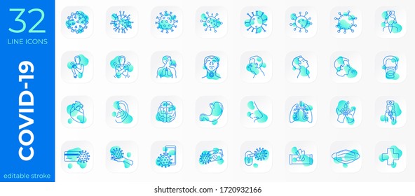 A Set Of Linear Icons In The Neomorphism Style. Fashionable Aqua Menthe Color And Editable Stroke.