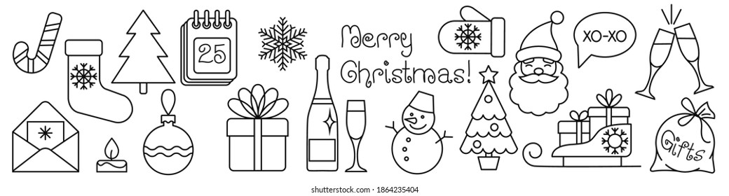 set of linear icons for new year and Christmas. eighteen icons are drawn with a black outline in a horizontal format. happy Christmas sign. stock vector illustration. EPS 10.