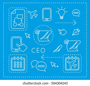 set of linear icons on blue background