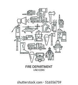 Set of linear icons on fire safety. Fire, fire extinguisher. Icons are placed in the shape of circle.