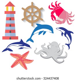 set of linear icons on the marine theme, isolated on white background