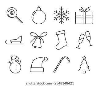 A set of linear icons on the New Year's theme: lollipop, Christmas tree ball, snowflake, gift, sled, bell, sock, champagne glasses, snowman, Santa hat, candy cane, Christmas tree.