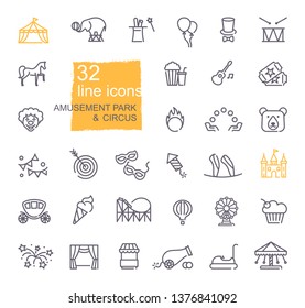 Set of linear icons on the theme of circus and amusement Park