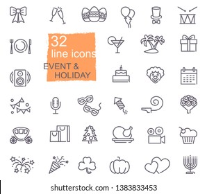 Set of linear icons on the theme of events and holiday