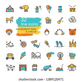 Set of linear icons on the theme of circus and amusement Park