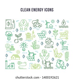 Set of linear icons on the theme of clean energy. Green energy from renewable sources in a set of isolated colored icons in a linear style.