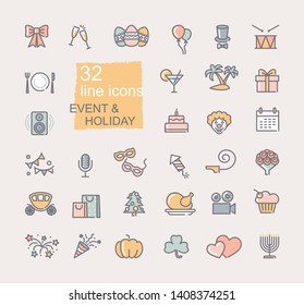 Set of linear icons on the theme of events and holiday