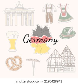 Set of linear icons on the theme of German sights. German food. German national clothes. German architecture. Vector icons.