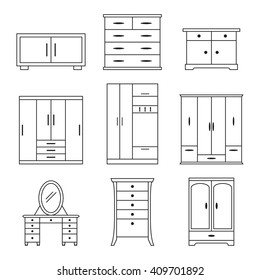 Set of linear icons on a theme cupboard