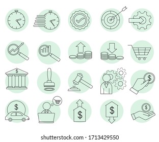Conjunto de iconos lineales sobre los temas de finanzas y gestión. Dibujo vector de esquema