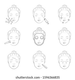 Set of linear icons on the topic of cosmetology. Face. Female face in a linear style. Woman's face and beauty treatments. Skin care. Vector.