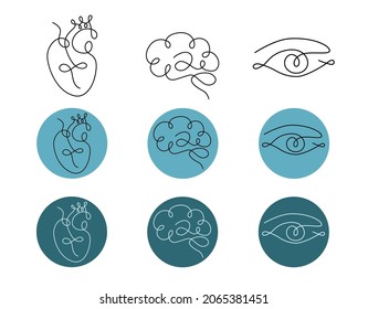 A set of linear icons on the topic of medicine, sensory organs, biology. For applications, websites and social networks and stickers.