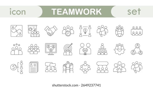 Conjunto de iconos lineales sobre el tema de equipo, trabajo en equipo