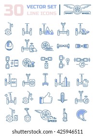 Set of linear icons on the topic of the smart eco transport. Modern and fashionable transport. Self-balancing electric scooters.