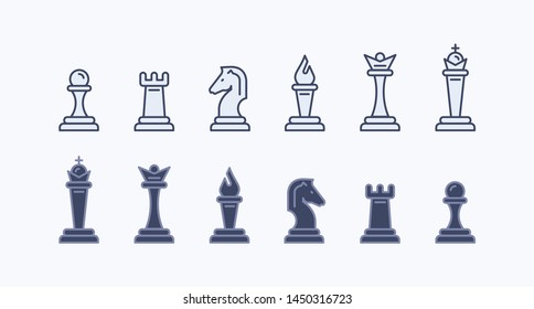 set of linear icons on a white background, types of chess pieces