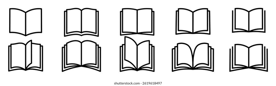 Conjunto de ícones lineares de livros abertos com páginas de papel.
Ilustração vetorial.