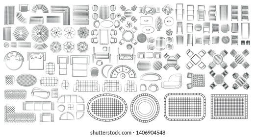 Set of linear icons. Outdoor furniture and patio items. (top view) Isolated Vector Illustration. Tables, benches, chairs, sunbeds, paths, pool, swings, umbrellas. (view from above). Furniture store.