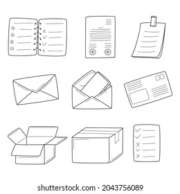 A set of linear icons with paper documents, a sticker, correspondence, mail, envelopes, boxes. Unpacking, delivery, mail, business. Hand-drawn black and white vector illustration. Isolated on white.