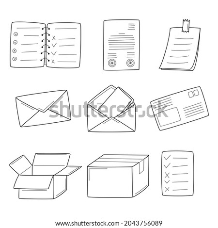 A set of linear icons with paper documents, a sticker, correspondence, mail, envelopes, boxes. Unpacking, delivery, mail, business. Hand-drawn black and white vector illustration. Isolated on white.